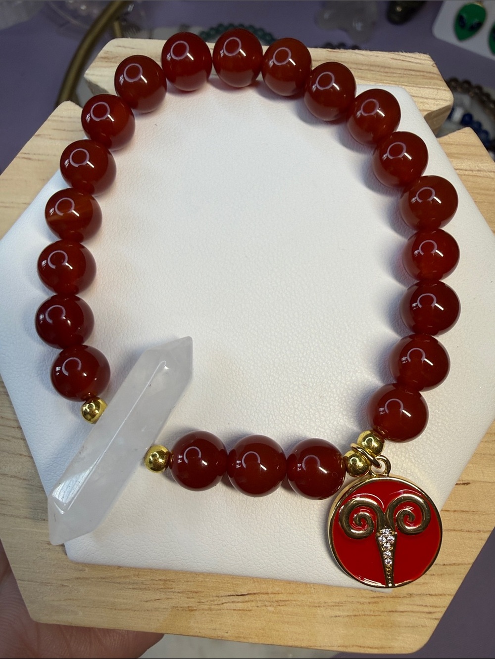 Red Agate Aries Zodiac Bracelet with Gold Accent and Clear Quartz Crystal Point